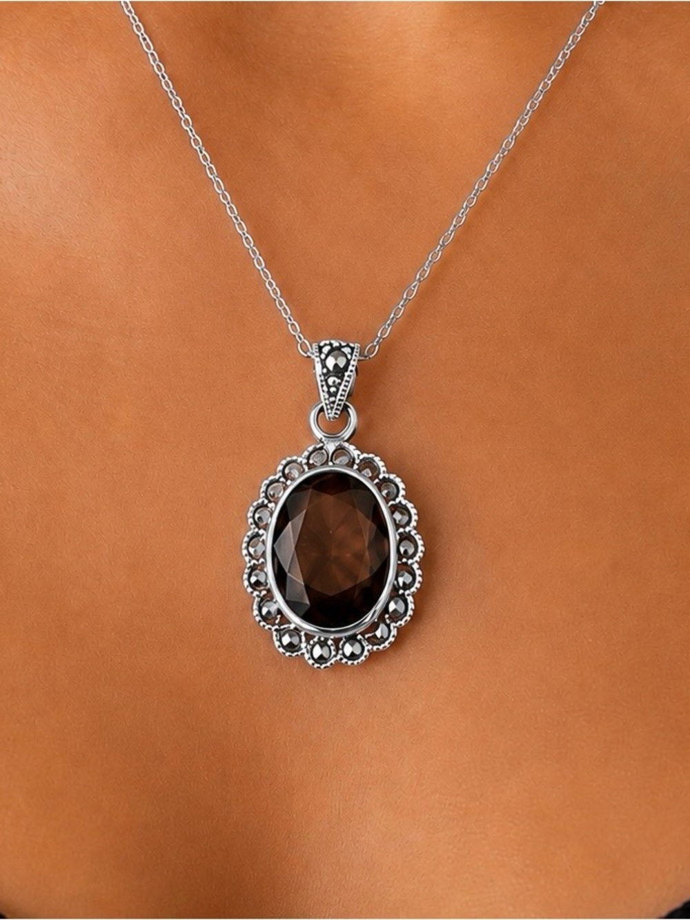 Sterling Silver Art Deco Style Quartz Marcasite Pendant /Sterling Plate Chain